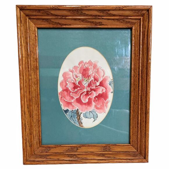 Pink Peony Watercolor Wood Framed Matted Unsigned - Picture 1 of 7